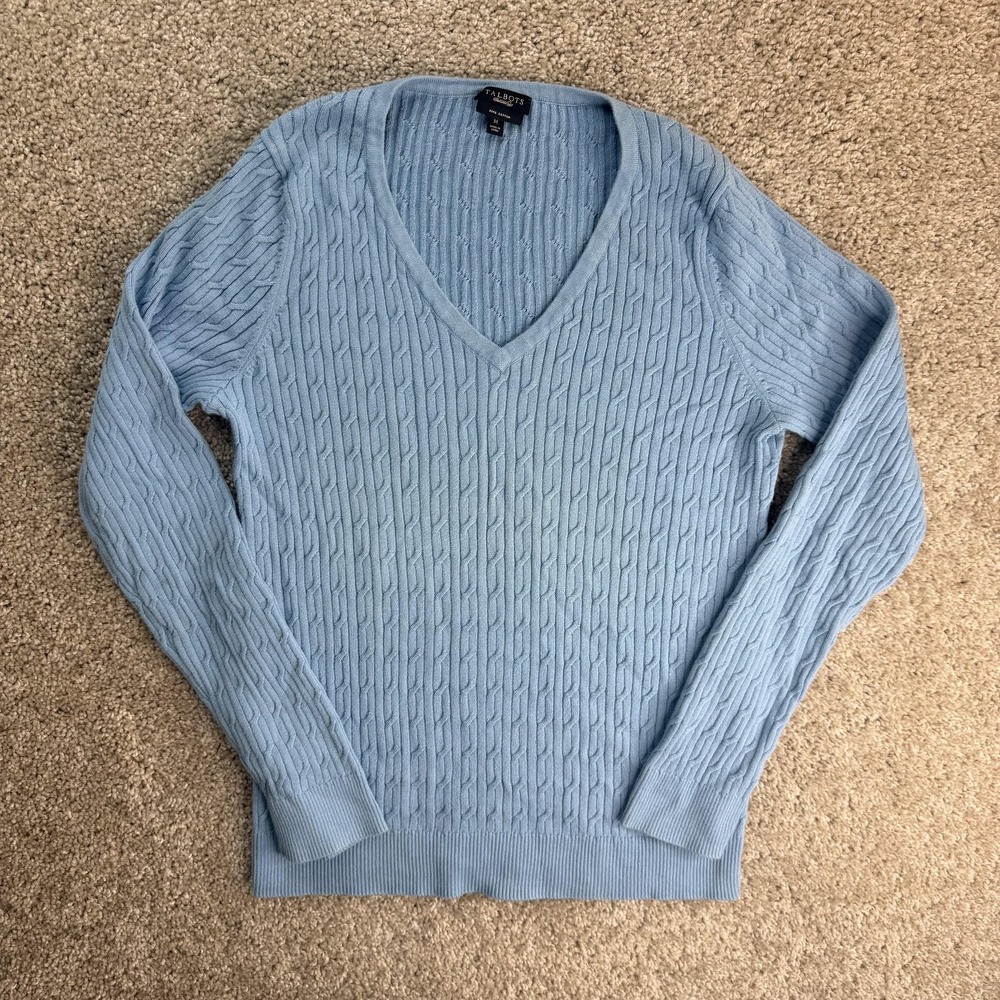 Talbots Sweater Womens M Blue V Neck Cable Knit Pullover Pima Cotton Long Sleeve